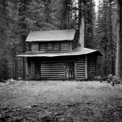 Image similar to an Eerie cabin in the middle of the woods in the style of Ansel Adams