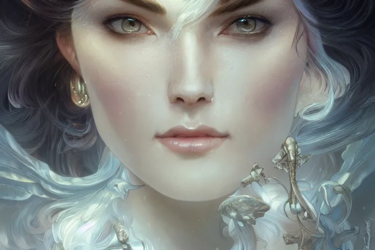 Image similar to close up portrait of beautiful angel, d & d, face, fantasy, intricate, elegant, highly detailed, digital painting, artstation, concept art, smooth, sharp focus, illustration, art by artgerm and greg rutkowski and alphonse mucha