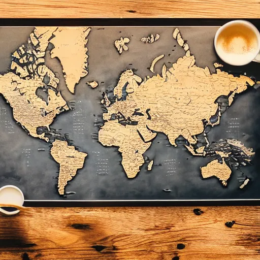 Image similar to Photo of the world map drawn in a cup of coffee, award-winning, golden hour, moody, epic, lightning, 85mm, camera, amazing, talent