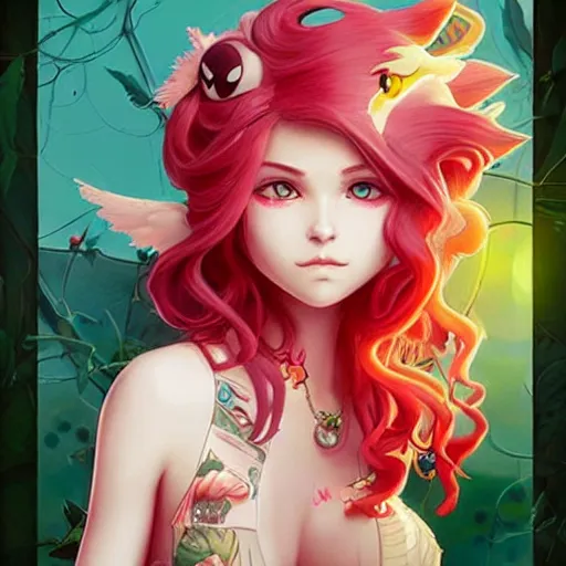 Prompt: Lofi Pokemon original character with wild rose-colored hair, Pixar style, by Tristan Eaton Stanley Artgerm and Tom Bagshaw.