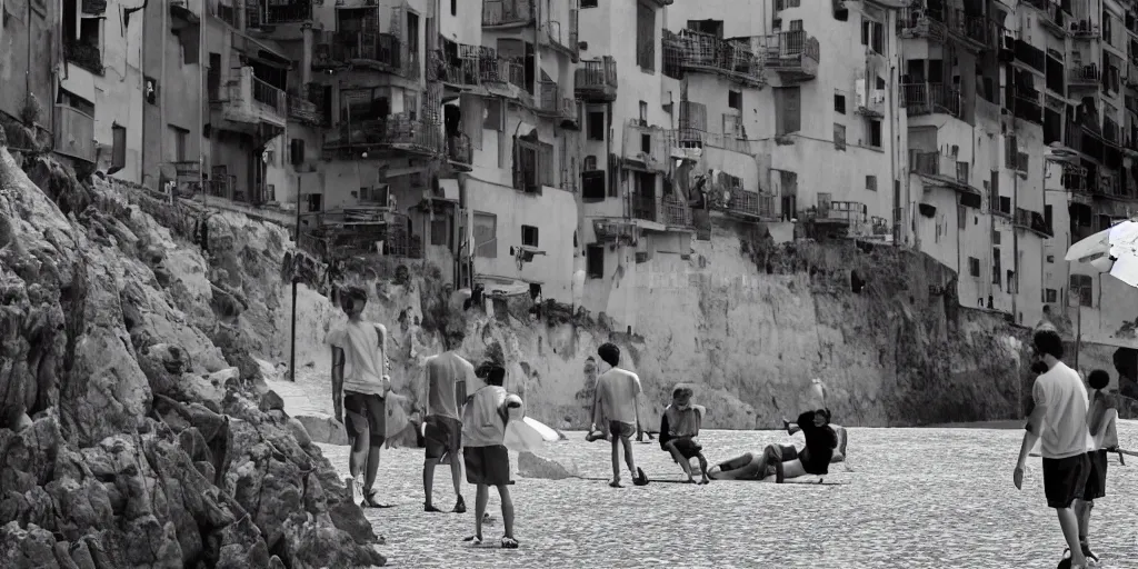 Image similar to wholesome animation studio Ghibli of young guys on the beach in the city of Genova. Sharp bloom dramatic lightning. Sunny day.