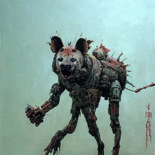 Image similar to hyena robot, cyberpunk, highly detailed quadrupedal cyborg, beksinski style, very detailed painting