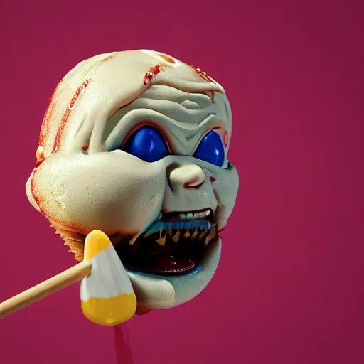 Image similar to ice cream popsicle shaped like screaming chucky doll, octane render, centered, slightly melted