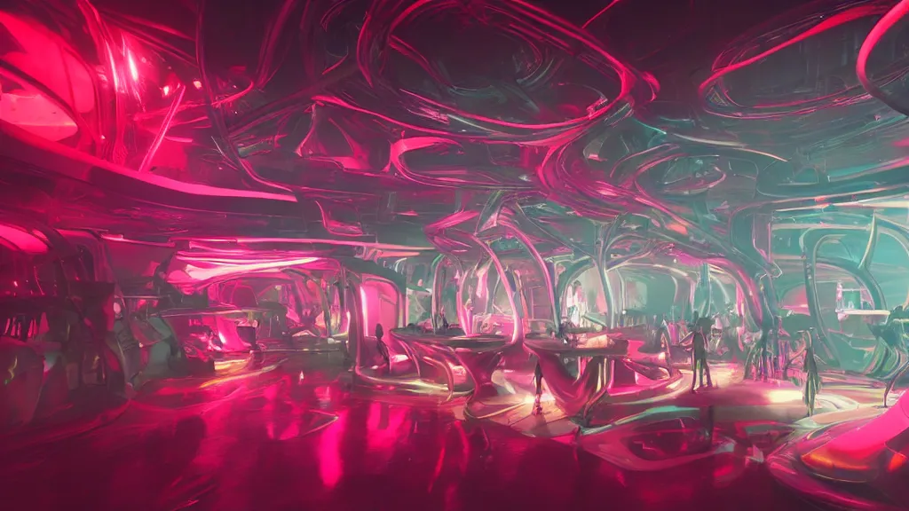 Prompt: sci-fi night club, with exotic female alien gogo dancers dancing on platforms, neon lights, fog, smoke and atmosphere, red tones, bloom, platforms, circular mechanical structures, faceted shapes, contemporary aesthetic, like concept art on artstation, hyperdetailed, octane render, like zaha hadid