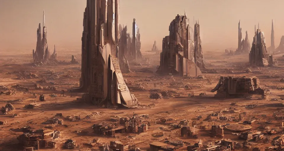Image similar to hyper realistic sci - fi matte concept art painting of city on mars with towers made of giant stacks of disks, beautiful details, strong composition painted by kim jung guweta studio rutkowski, james gurney and greg rutkowski, and lucasfilm, smooth, intricate, detailed, sharp focus, cinematic