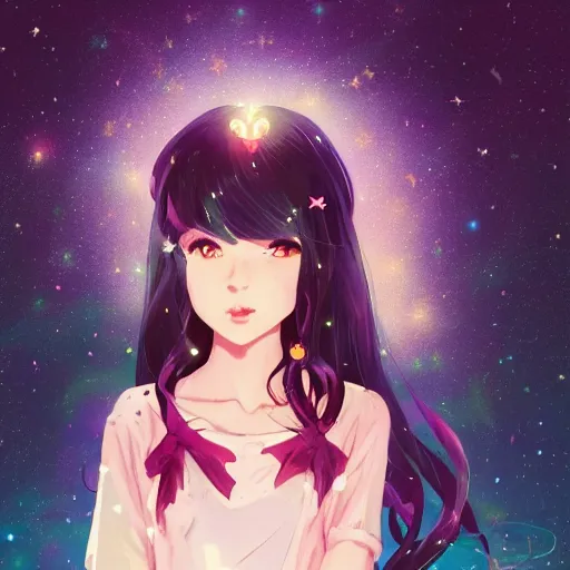 Image similar to portrait of a beautiful girl with dark hair in magical girl fashion, a starry night background, rich vivid colors, ambient lighting, dynamic lighting, 4k, official media, anime key visual, makoto shinkai, ilya kuvshinov, lois van baarle, rossdraws, detailed, trending on artstation