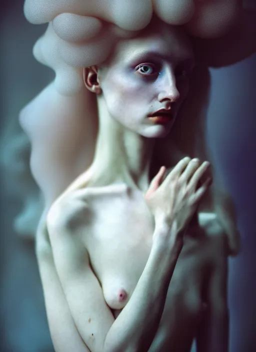 Prompt: cinestill 5 0 d photo portrait of a beautiful hybrid woman in style of tim walker by roberto ferri, weird marble body intricate detailed, hair is intricate gnarled ornament, 5 0 mm lens, f 1. 4, sharp focus, ethereal, emotionally evoking, head in focus, bokeh volumetric lighting, tonal colors outdoor