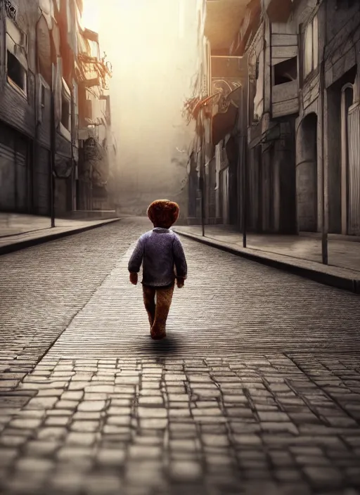 Image similar to hyperrealism, detailed textures, photorealistic 3 d, a young boy walking down the street holding a worn out teddy bear, ultra realistic, cinematic, intricate, cinematic light, concept art, illustration, art station, unreal engine 8 k