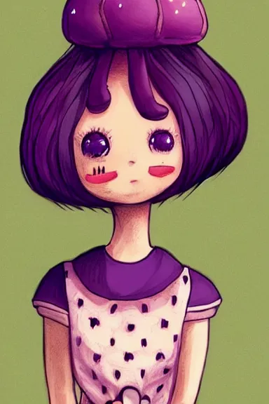 Image similar to a little girl wearing a mushroom hat in dress sitting | | purple curvy hair, pretty face, fine details, digial art by lois van baarle, anatomically correct, perfect composition, symmetrical, fantastic, clean details, anime character, extremely detailed