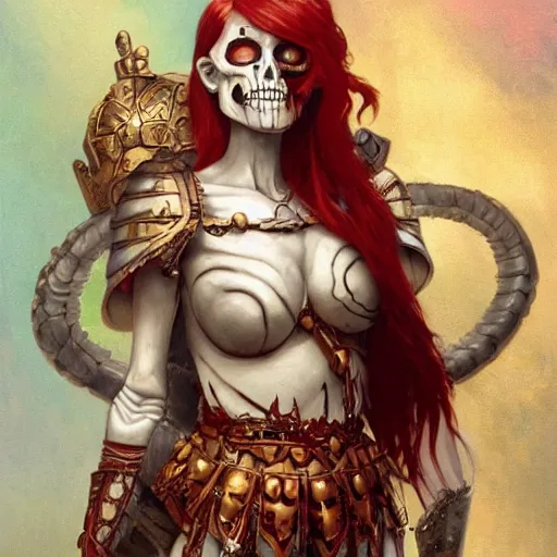 Image similar to cute & beautiful smug smiling undead skeleton girl with very attractive face and red hair dressed as a roman warrior, elegant, digital art, fullbody painting, fantasy, pixar style, painting, pin up, highly detailed, artstation, art by artgerm, vrubel, greg rutkowski, ilya kuvshinov, raymond swanland