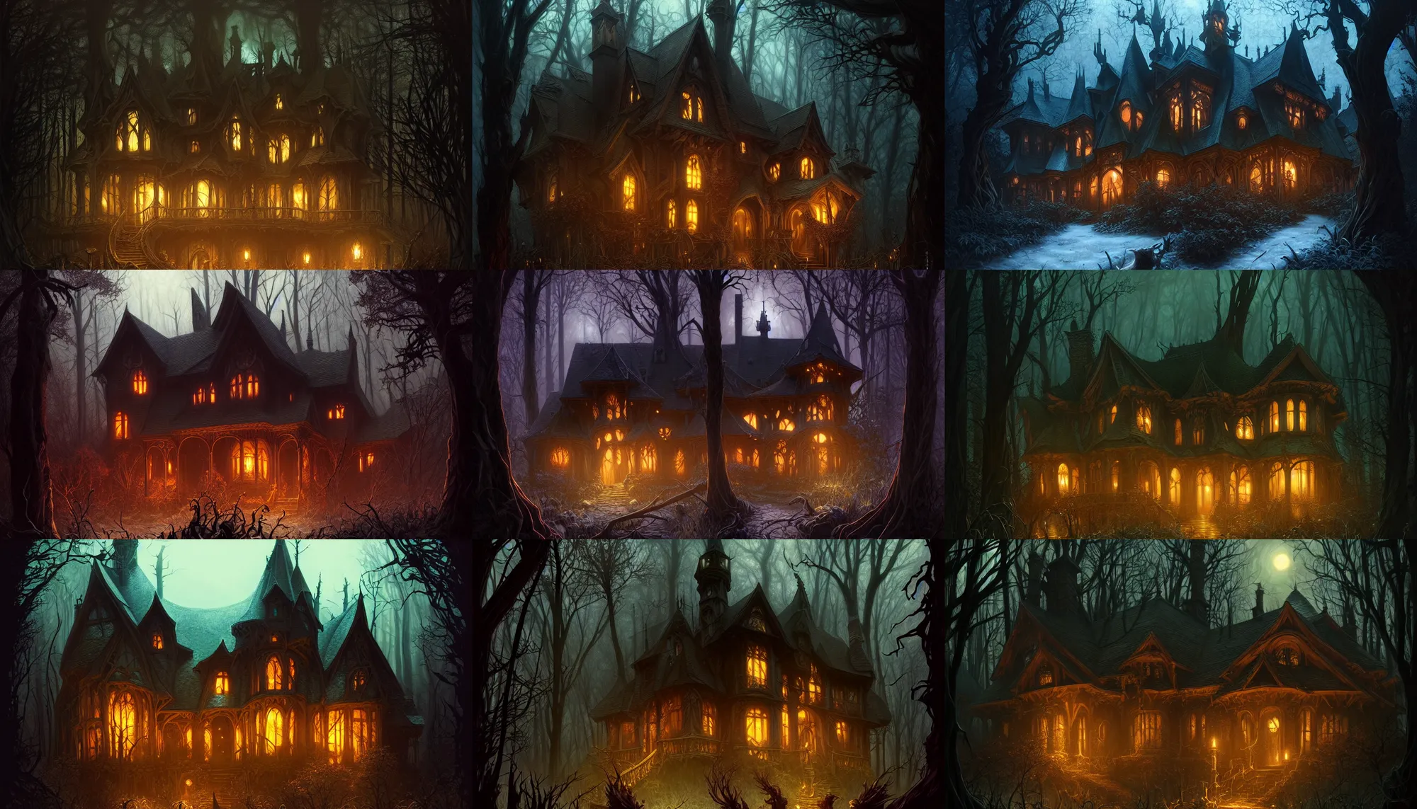 Prompt: frightening witch house in the dark woods, at night, intricate, elegant, highly detailed, digital painting, artstation, concept art, smooth, sharp focus, illustration, art by artgerm and greg rutkowski and alphonse mucha, 8 k
