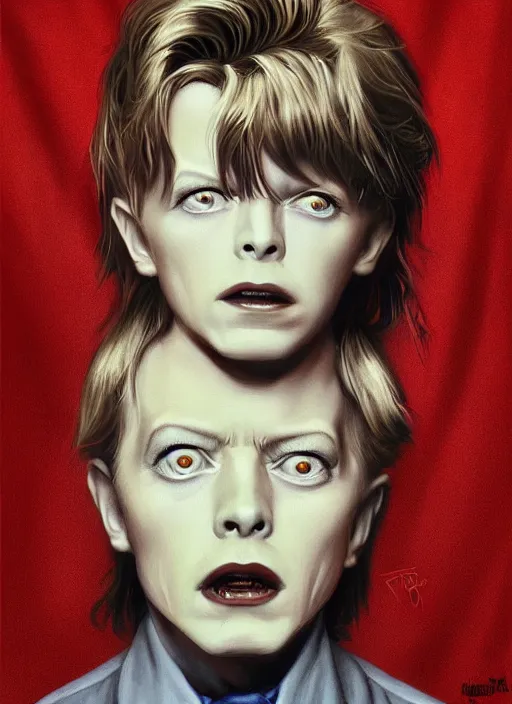 Image similar to twin peaks poster art, portrait of david bowie meets the little boy who is the prince of darkness, by michael whelan, rossetti bouguereau, artgerm, retro, nostalgic, old fashioned