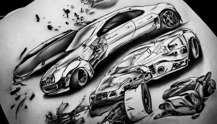 Prompt: crashed car, tattoo art design-H 600