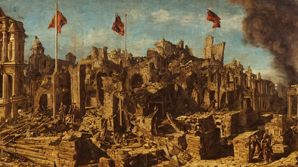Image similar to roman imperial standard in front of burning roman buildings and rubble and gothic raiders,early medieval, oil painting, cinematic, late antiquity, roman
