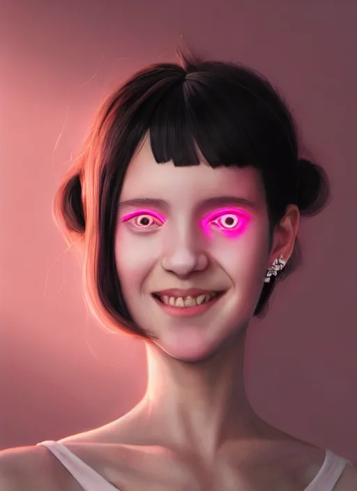 Image similar to portrait of high school girl, realistic, black hair, bangs, half updo hairstyle, pointy nose, skinny, smile, ugly, defined jawline, big chin, pink hair bow, earrings, intricate, elegant, glowing lights, highly detailed, digital painting, artstation, sharp focus, illustration, art by wlop, mars ravelo and greg rutkowski