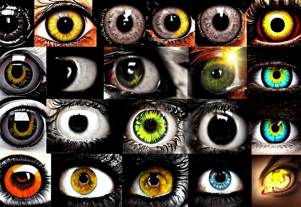 Image similar to grid montage of cube shaped eyes, square shaped black dilated pupils, cube shaped irises, detailed colored textures, eyelashes, advanced art, art styles mix, from wikipedia, wet reflections in square eyes, sunshine light, hd macro photograph, from side, various eyelid positions, square black pupil centered