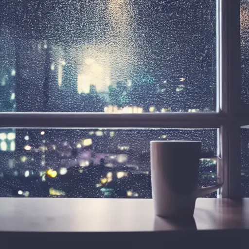 Image similar to looking out the window at night, overlooking the city, sad, alone, melancholy, moody, gloomy, atmospheric, bittersweet, color palette, staring, city lights, bedroom window, balcony