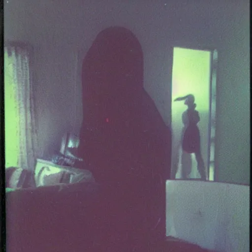Image similar to coloured atmospheric polaroid 1 9 9 8 photo of a realistic wraith translucent transparent figure in a interior of living room low light