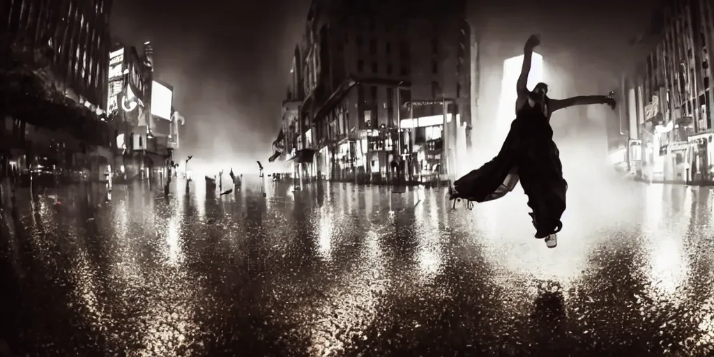Image similar to fisheye lens slow motion with trail effect of futuristic break dancer wearing floating long dress, long exposure shot , at night in the middle of a rainy street, paddle of water, steam, fog, water splashes, rim lights, glossy reflections, water droplets on lens, octane render, dark and dramatic, explosion in the background, tongues of fires, detailed and soft, fisheye lens, smooth, sharp focus, illustration, art by artgerm and greg rutkowski