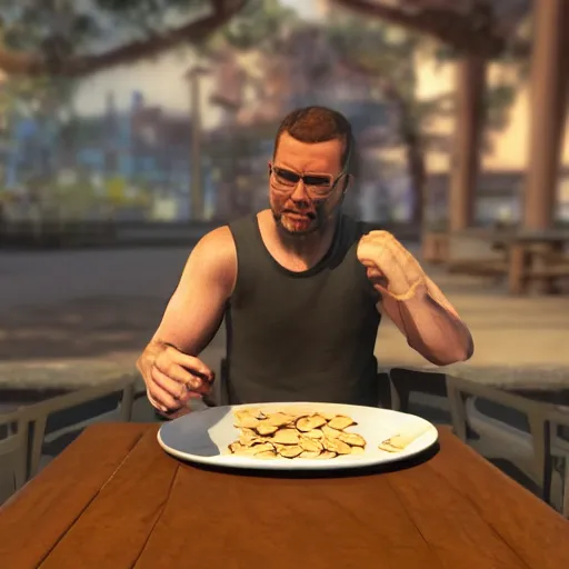 Image similar to jc denton from deus ex eats cereal at a table, liberty island, high quality, photorealistic, highly detailed face, smooth, sharp focus, 4 k, hd