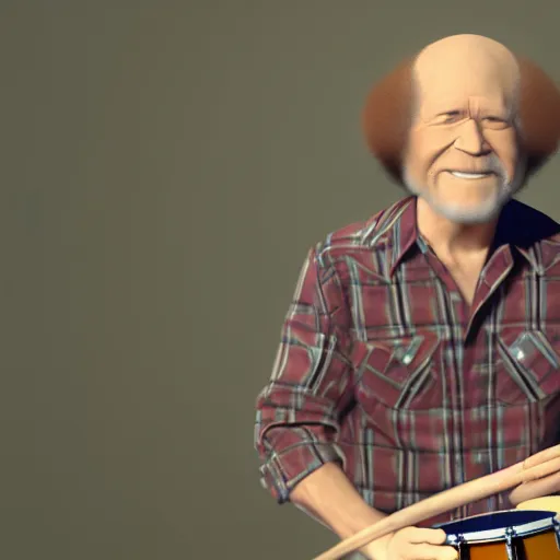 Image similar to Bob Ross playing the drums, render animation, 4k