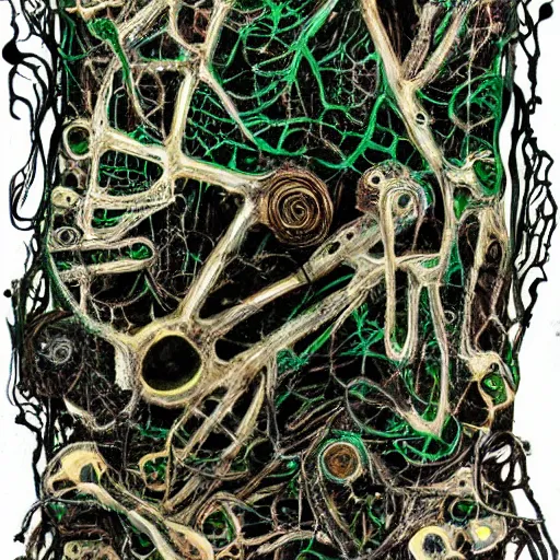 Image similar to a black and green biomechanical talisman of suffering, rotting, fungus, wings by maggi mcdonald, jackson pollock, mark rothko, sabina klein