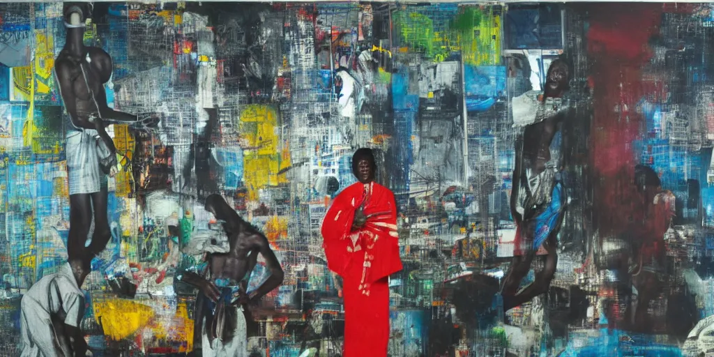 Image similar to robot in Ajegunle slum of Lagos conversing with African Jesus Christ about beauty under a large UFO beaming a neon ray, painting by Robert Rauschenberg, in the style of Estate (1963), oil and silk screen on canvas,