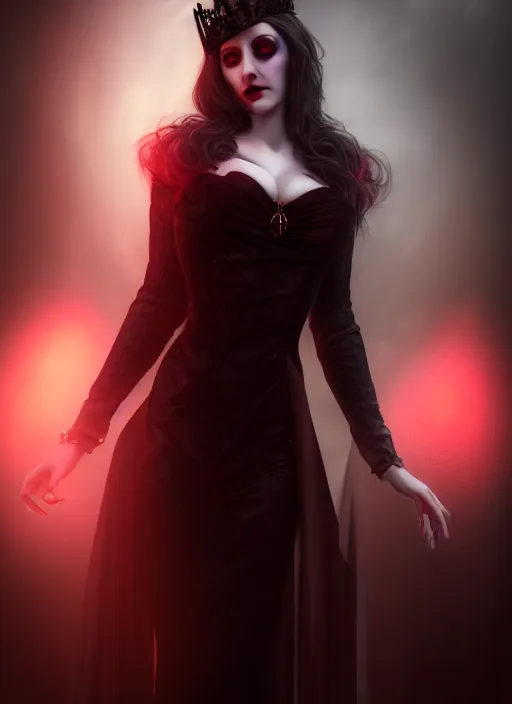 Image similar to realistic matte painting, full length portrait, the duchess of blood owns the las vegas night, vampire, highly detailed, CGsociety, subtle, concept art, HDR, hyper realistic, volumetric lighting, subsurface scattering, unreal