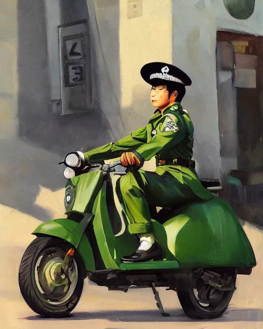 Image similar to greg manchess portrait painting of asian police green uniform, sitting on moped motorbike, medium shot, asymmetrical, profile picture, organic painting, sunny day, matte painting, bold shapes, hard edges, street art, trending on artstation, by huang guangjian and ail elvgren and sachin teng