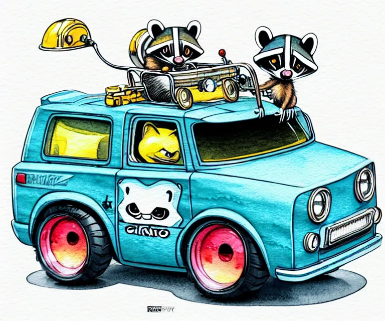 Image similar to cute and funny, racoon wearing a helmet riding in a tiny hot rod with oversized engine, ratfink style by ed roth, centered award winning watercolor pen illustration, isometric illustration by chihiro iwasaki, edited by range murata, tiny details by artgerm and watercolor girl, symmetrically isometrically centered