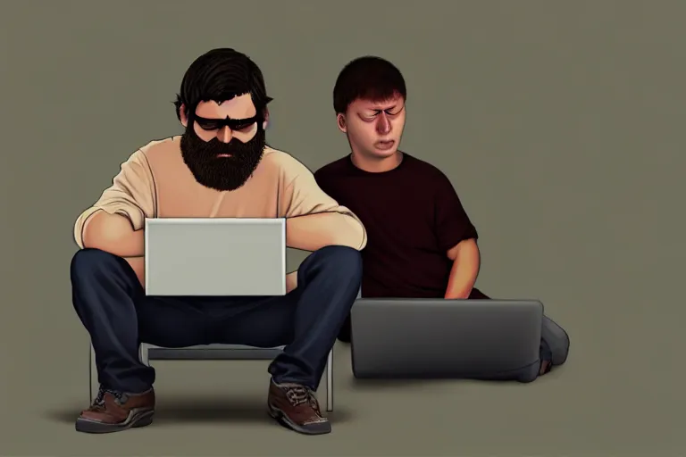 Prompt: hangover man sitting with laptop and sad crying kid staying near the man. high detail, trending on artstation.