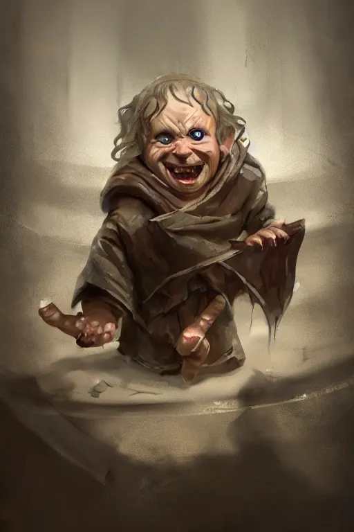 Prompt: A deranged tiny filthy halfling wearing long dark damaged ripped robes showing a magic paper scroll, camera looking down upon, long fingernails, unclipped fingernails, sharp fingernails, focus on face, sharp focus, digital painting, trending on artstation, concept art, fantasy, medieval
