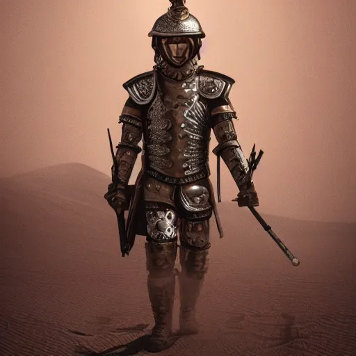 Prompt: illustration of a hussar in the desert, dust, natural lighting, suit of armor, details and intricate, photo realistic, winner of the year's best photo, symmetrical, high definition, artgasm, trending artstation