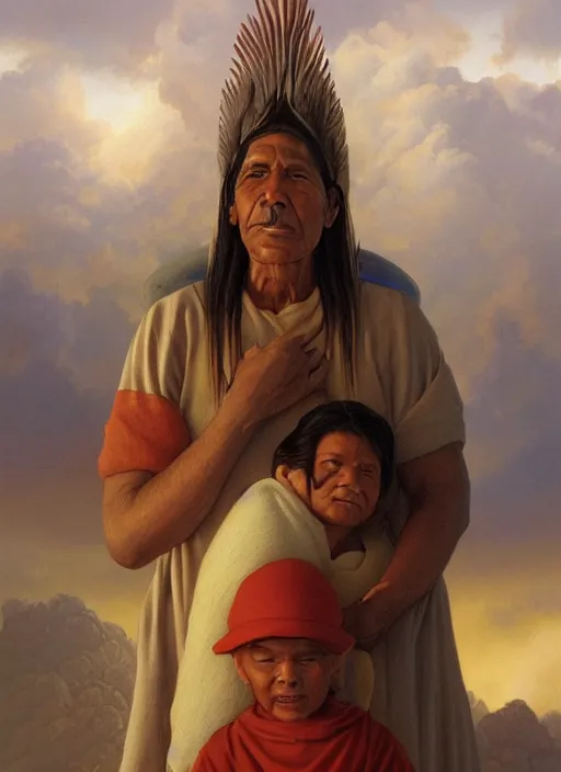 Image similar to portrait of a indigenous grandparents in the clouds, smiling, protection, benevolence, ancestors, art by christophe vacher