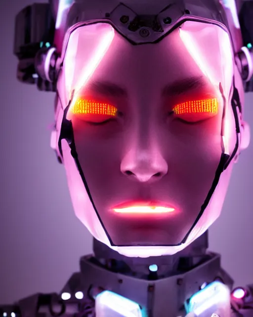 Image similar to photo of sweaty soulful female as a cyberpunk mecha humanoid robotic head and face parts with straight bright led lights, small light emitting cables, sweaty skin dripping down face, ultra - realistic and detailed, long exposure 8 k