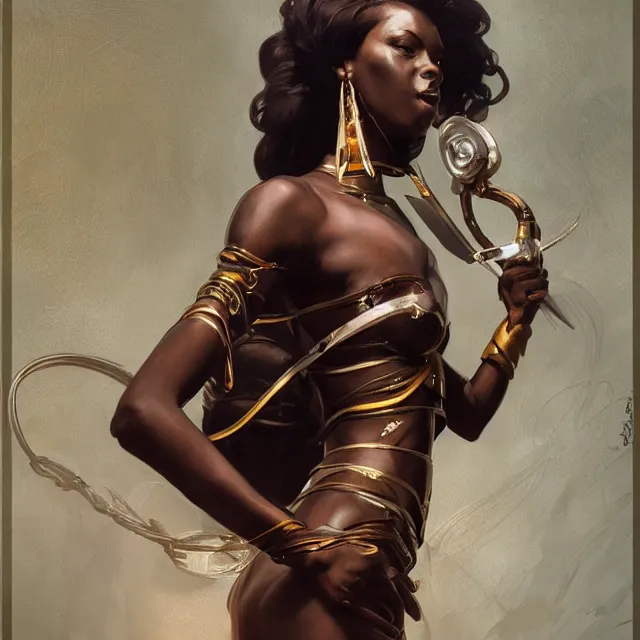 Image similar to african domme mistress, dominatrix full body, dominatrix, tribal, smooth white tight clothes suit, ornate, very beautiful, concept art, realistic painting, androgynous, afrofuturism, cgsociety, digital art by greg rutkowski, by alphonse mucha