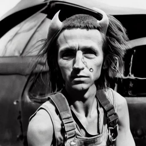 Image similar to close up headshot of a skinny high-fantasy elf with a long face narrow chin and spiky blonde hair wearing dark brown overalls and holding a bomb next to a destroyed car, high resolution film still