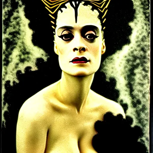 Image similar to a dramatic cinematic portrait photograph of bride of frankenstein influenced by gustav klimt.