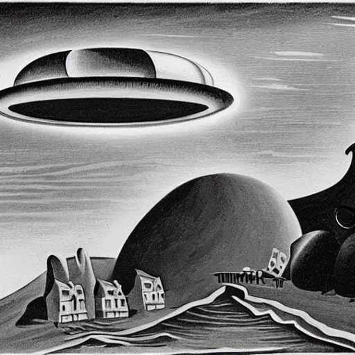 Image similar to painting of mysterious alien saucer hovering over seaside village, 1939, by Thomas Hart Benton