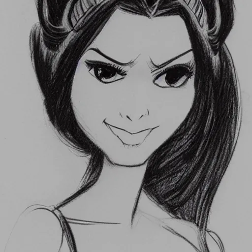 Image similar to milt kahl sketch of victoria justice with done up hair, tendrils covering face and ponytail as princess padme from star wars episode 3