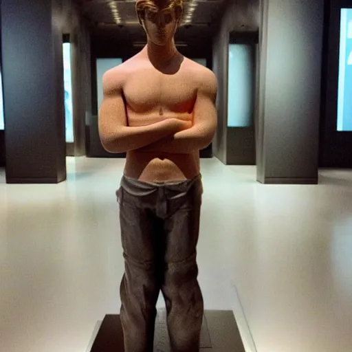 Image similar to “a realistic detailed photo of a guy who is an attractive humanoid who is half robot and half humanoid, who is a male android, actor Liam Hemsworth, shiny skin, posing like a statue, blank stare, at the museum, on display”