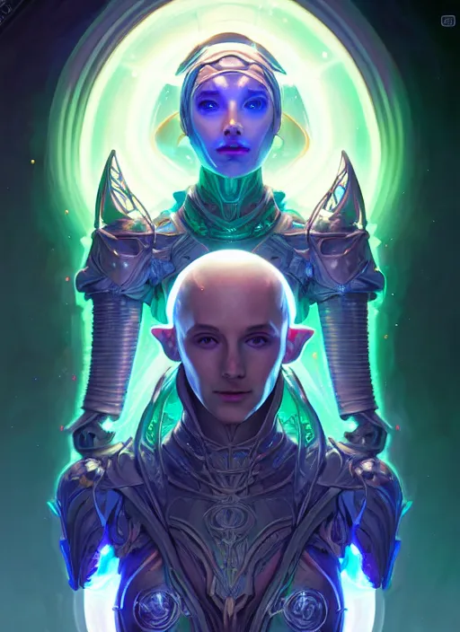 Image similar to a machine elf faceless glowing liquefied stardust adventurer, dnd fantasy character, full body portrait, glowing neon skin, magical aura, ultra realistic, intricate, elegant, highly detailed, digital painting, artstation, smooth, sharp, focus, illustration, art by artgerm and greg rutkowski and alphonse mucha and dan mumford, sacred geometry