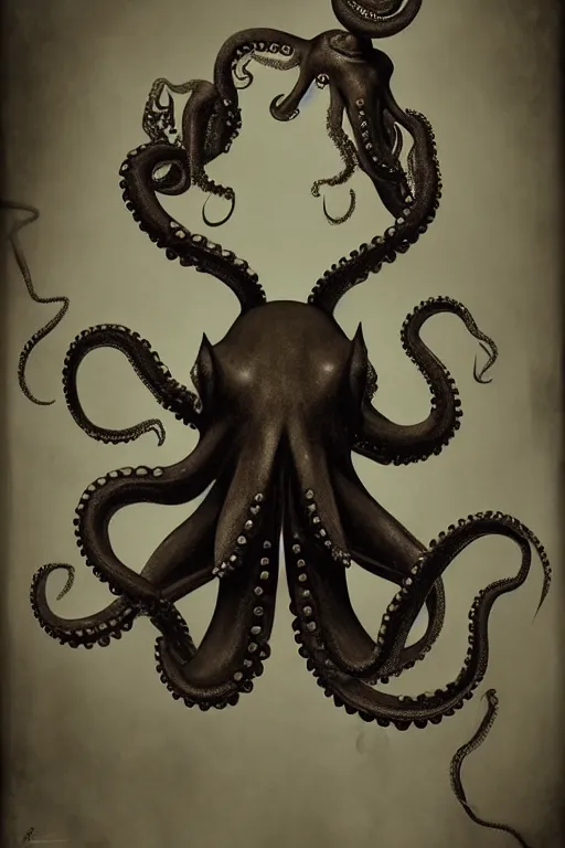 Prompt: wet plate photograph portrait of a victorian - era anthropomorphic octopus dressed in a victorian - era clothing, dramatic lighting, highly detailed, digital painting, artstation, concept art, smooth, sharp focus, illustration, art by wlop, mars ravelo and greg rutkowski