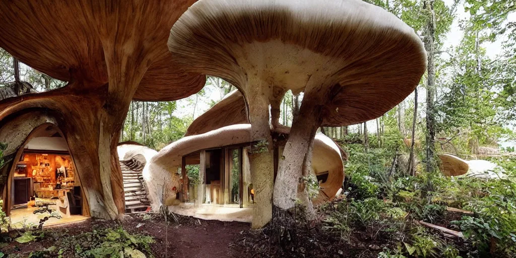 Prompt: cozy residence made from an enormous amantia mushroom