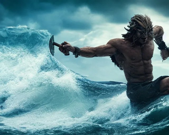 Image similar to single spartan with surfing waves, epic award winning action cinematic still from the movie 3 0 0, 8 k, global illumination, detailed face, muscles, rim highlights, hyper realistic, stunning waves, happy vibes