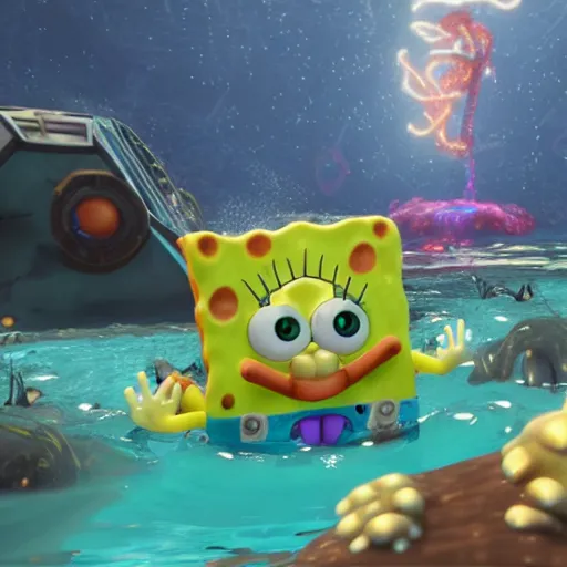 Prompt: found footage of Spongebob in Subnautica, creepy, haunted gaming