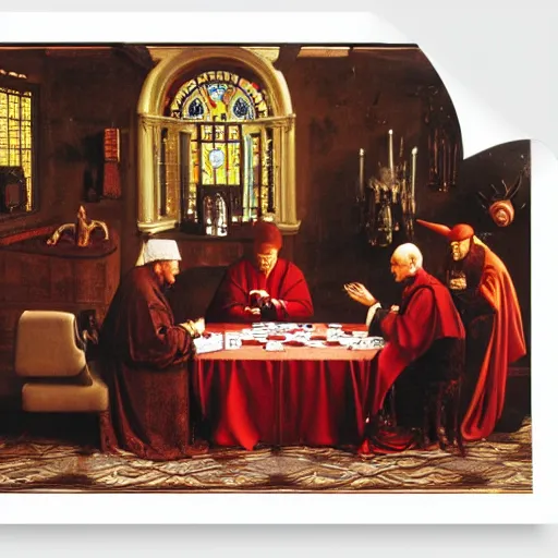 Prompt: the pope playing poker with satan, by van eyck