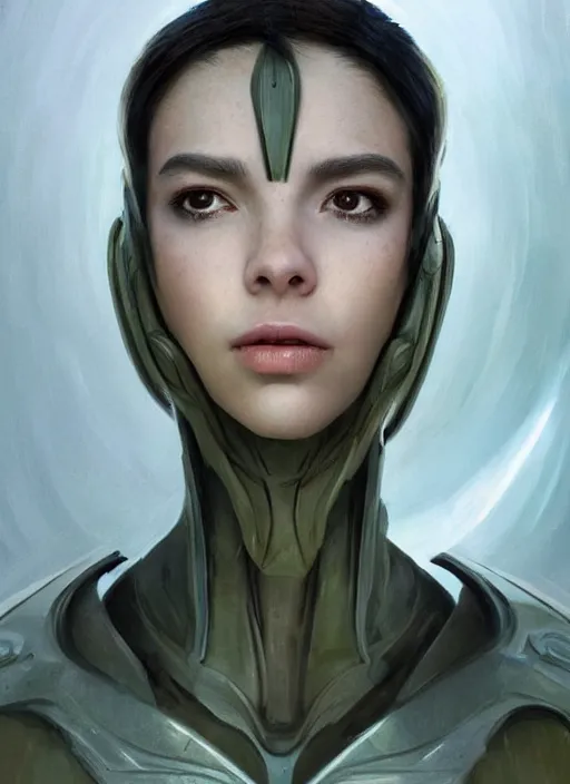 Image similar to a professional painting of a beautiful young female alien, clothed in ethereal armor, olive skin, long dark hair, beautiful bone structure, symmetrical facial features, intricate, elegant, digital painting, concept art, smooth, sharp focus, illustration, from Valerian and the City of a Thousand Planets, by Ruan Jia and Mandy Jurgens and Artgerm and William-Adolphe Bouguerea