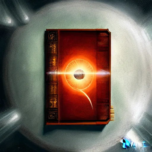 Image similar to front facing symmetrical shot of an ancient book on a vintage table in space, concept art, sci - fi illustration, painting, realistic,, radiant light, detailed and intricate environment, 8 k, h 6 4 0