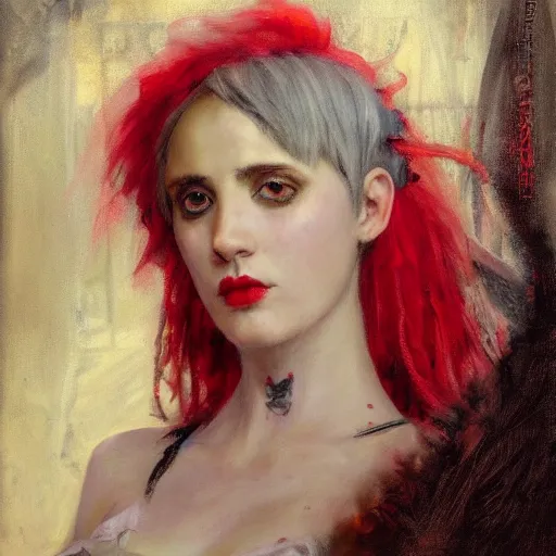 Image similar to Solomon Joseph Solomon and Richard Schmid and Jeremy Lipking victorian genre painting portrait painting of a young beautiful woman punk rock goth with punk rock haircut in fantasy costume, red background